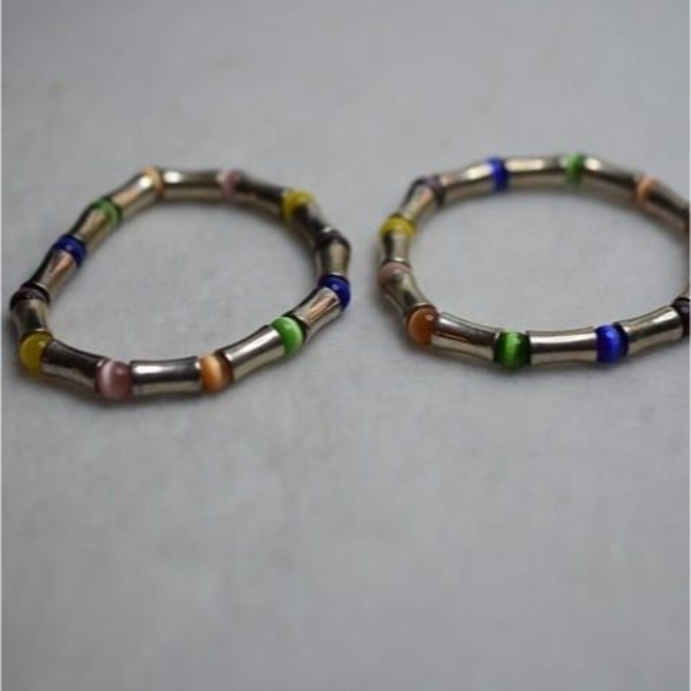 Ultramodern Set of 2 Multi Color Cat Eye Beads Silver Tone Tube Stretch Bracelet